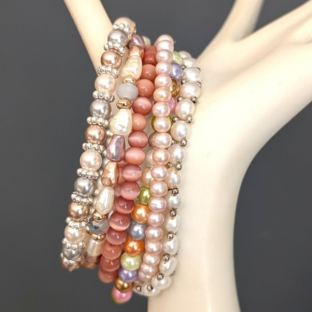 6 layering stretch bracelets pinks, metallics, cream and white beads